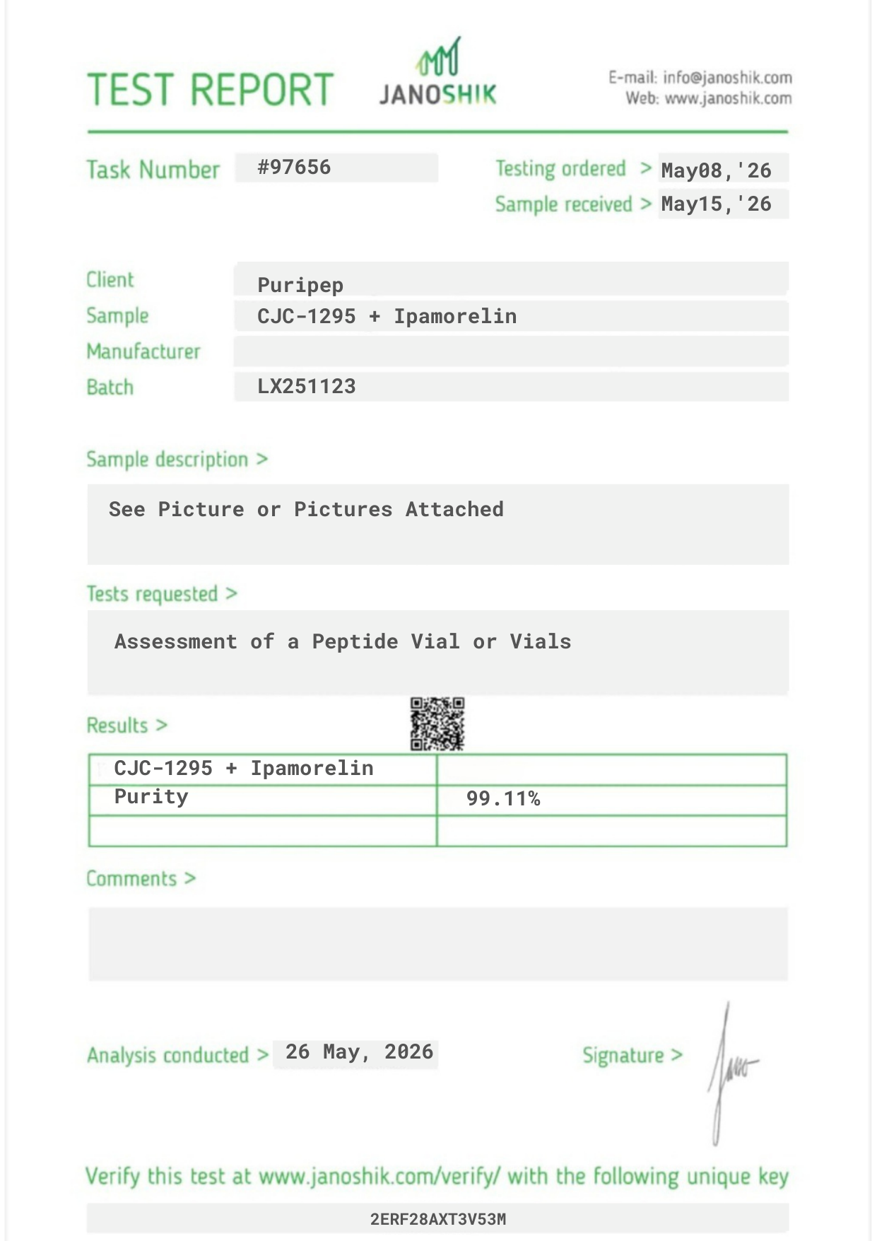 Certificate of Analysis — CJC-1295 + Ipamorelin, third-party HPLC purity test