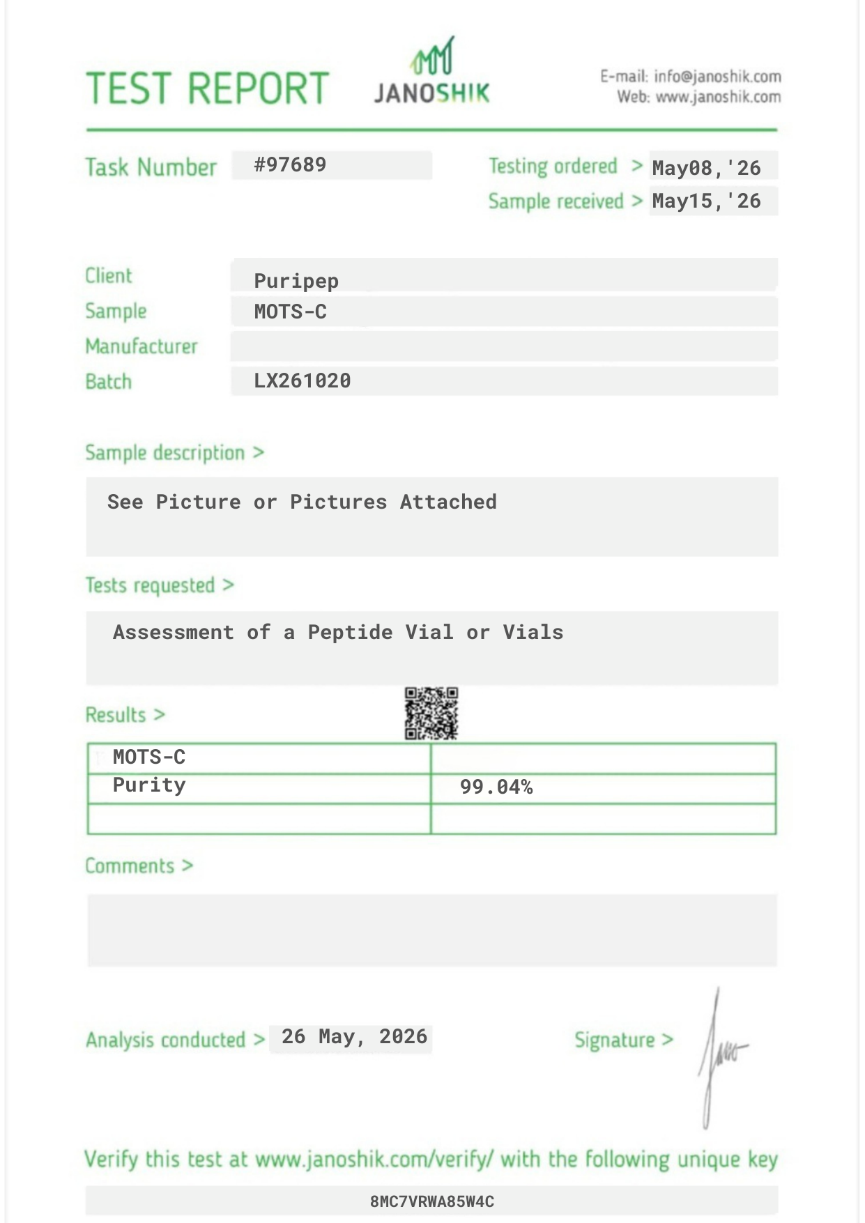 Certificate of Analysis — MOTS-C, third-party HPLC purity test