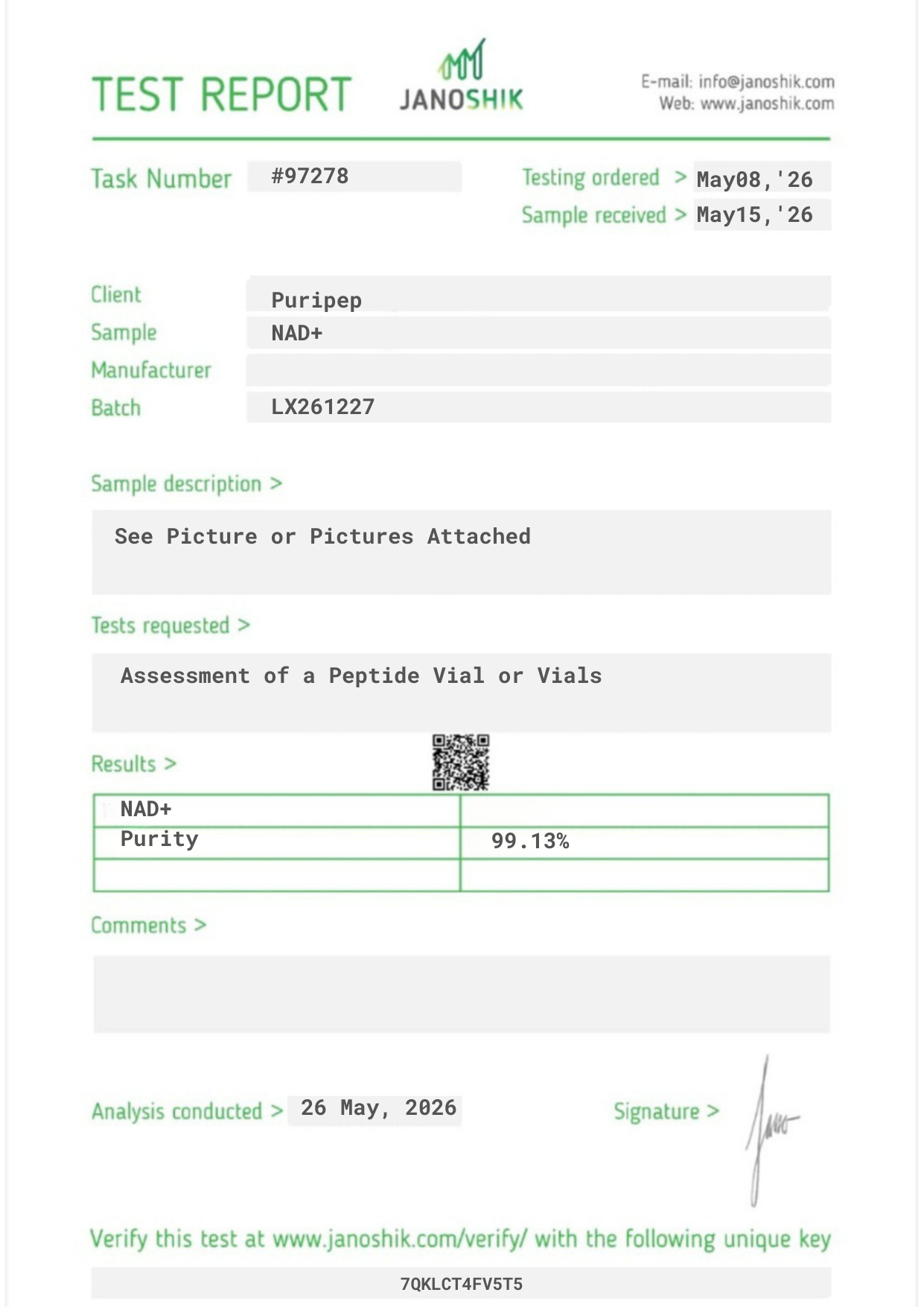 Certificate of Analysis — NAD+, third-party HPLC purity test