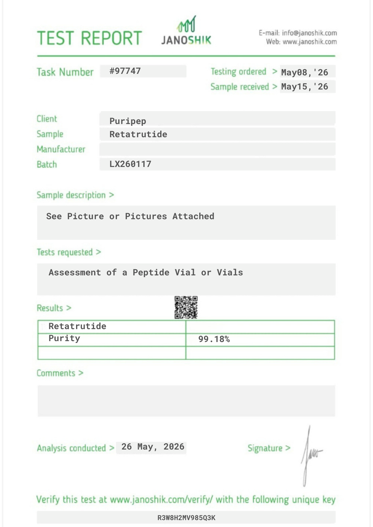Certificate of Analysis — Retatrutide, third-party HPLC purity test