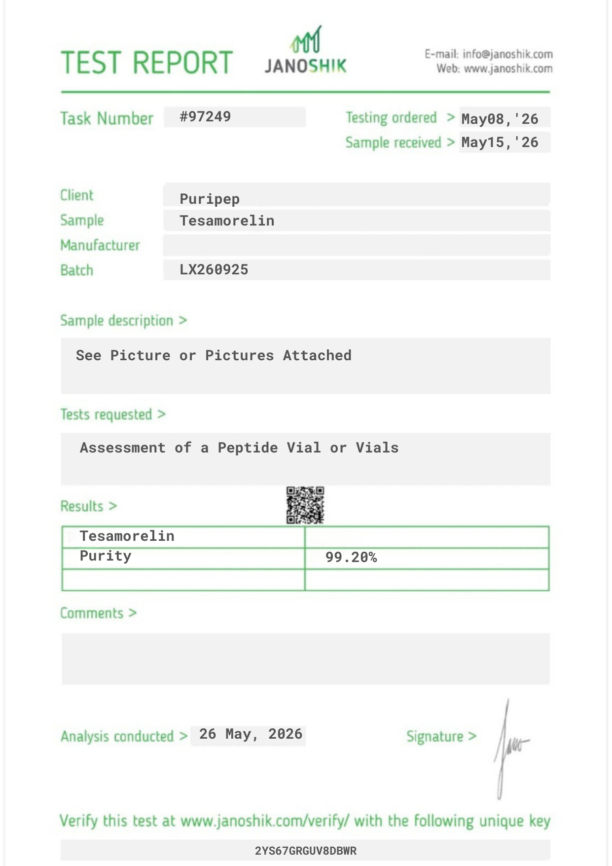 Certificate of Analysis — Tesamorelin, third-party HPLC purity test