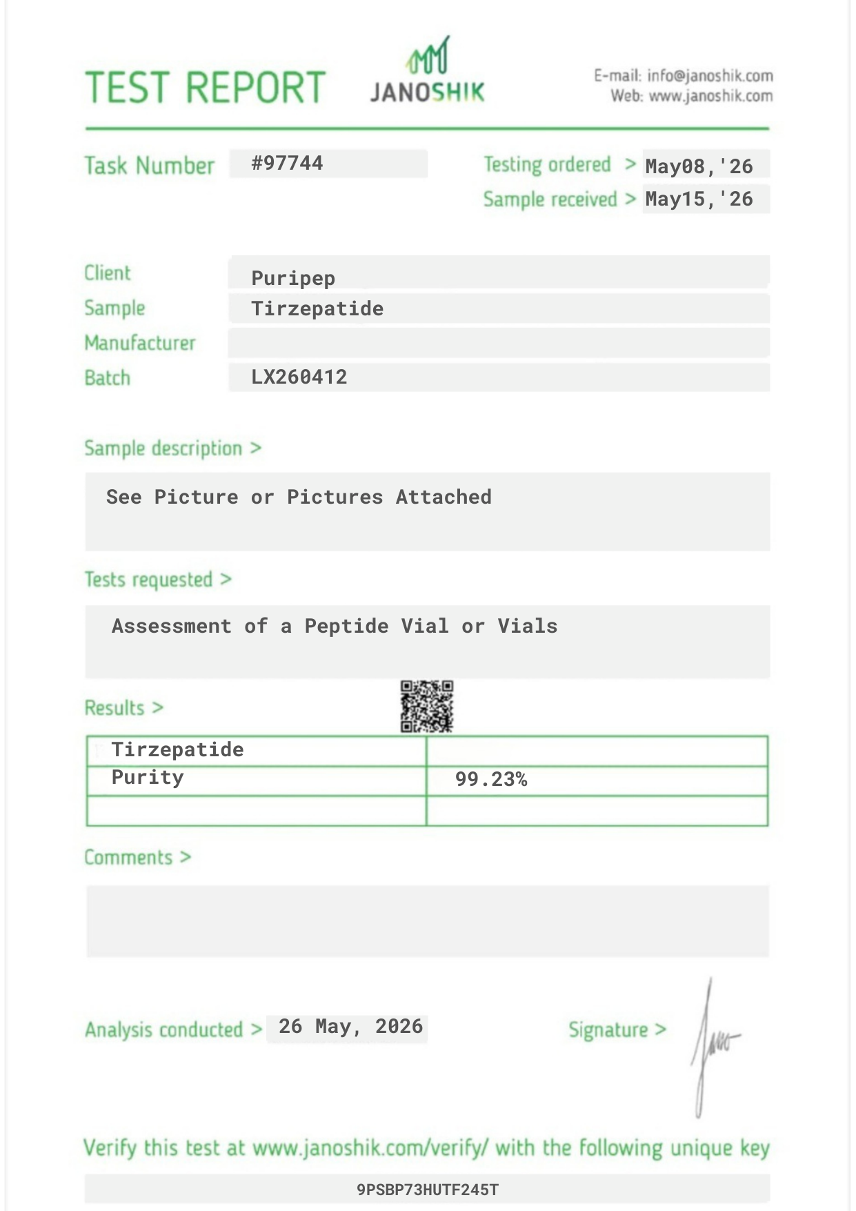 Certificate of Analysis — Tirzepatide, third-party HPLC purity test