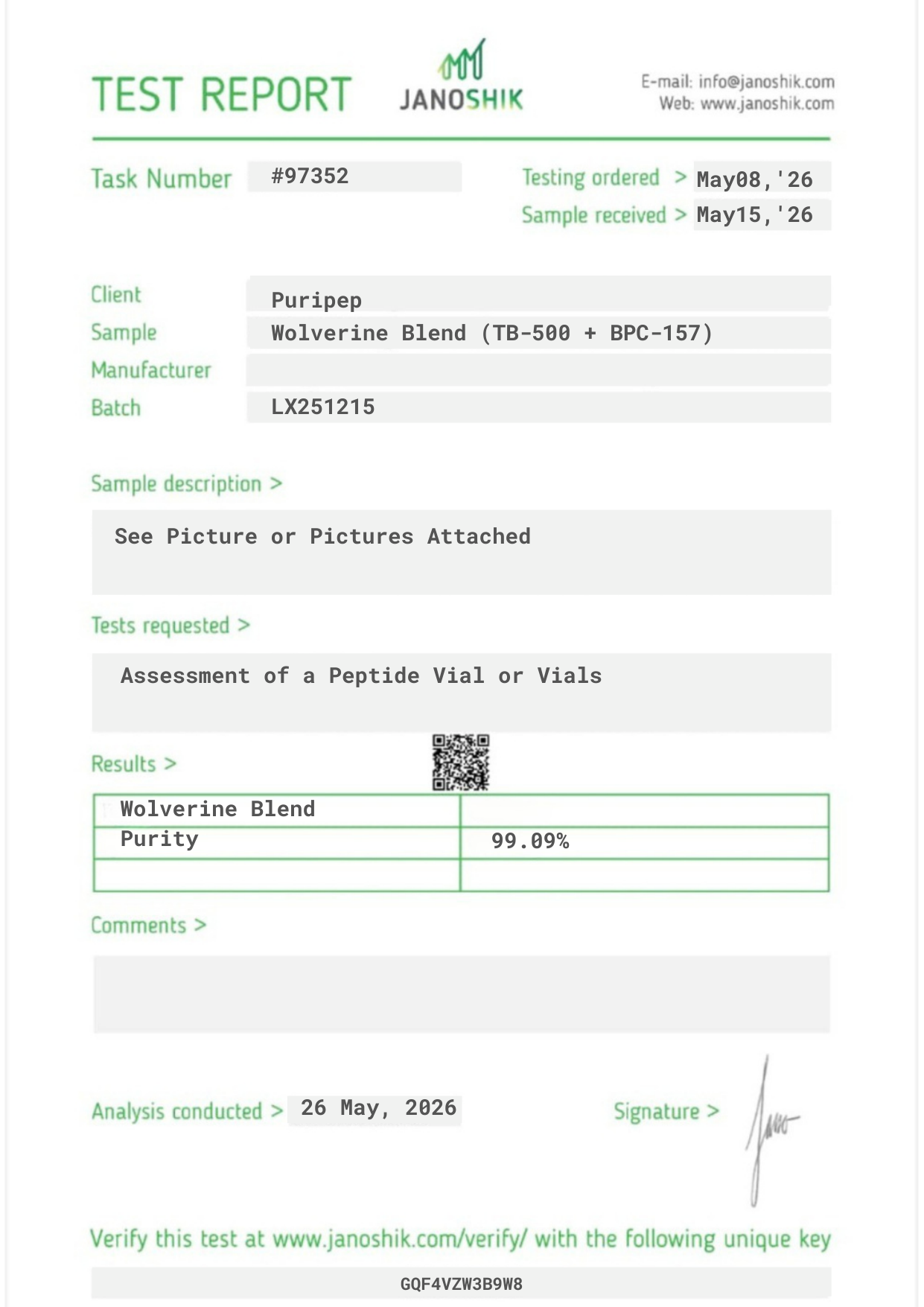 Certificate of Analysis — Wolverine Blend (TB-500 + BPC-157), third-party HPLC purity test